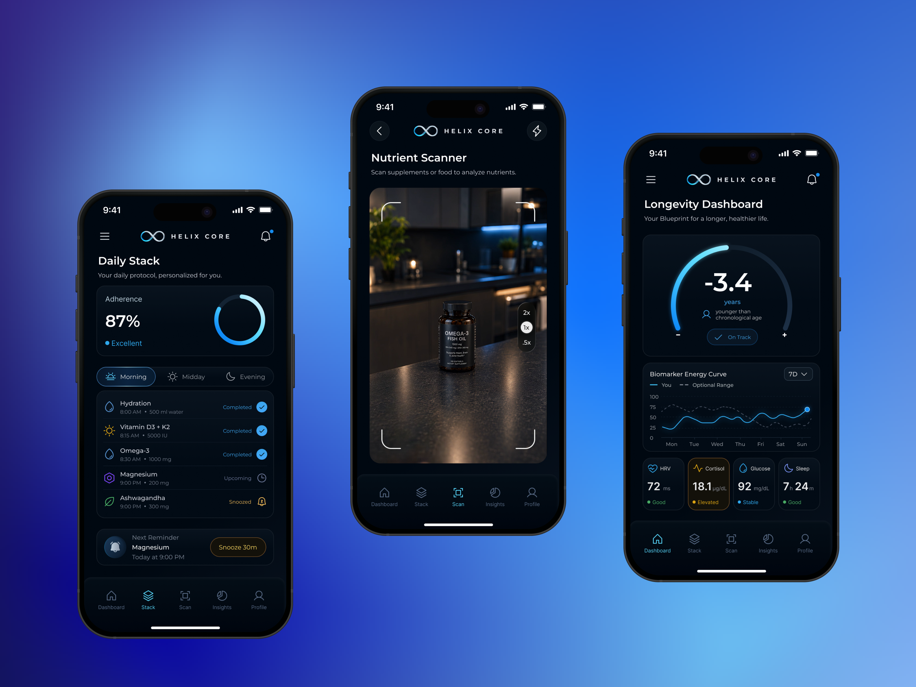 Helix Core — AI Longevity & Biohacking App ai app design artificial intelligence biohacking dark ui dashboard data visualization futuristic ui health app healthcare interaction design interface design ios app longevity mobile app mobile ui modern ui product design ui ux ux design