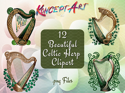 Beautiful Celtic Harp Clipart branding celtic design clipart design graphic design illustration irish harps logo paddys day st patricks day clipart st pattys day vector