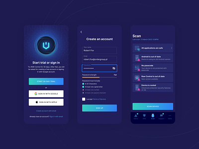RAW Control - device security app alerts android app design control cyber security device scan device security ios mobile mobile app password privacy safety security security app sign up support ui ux vpn