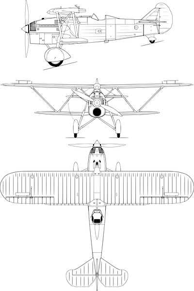 FIAT CR-32 line art drawing black white diagram in 3 view mode design drafting graphic design illustration in 3 view mode vector