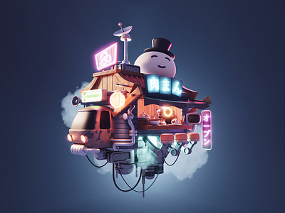 Cyber Food Truck 3d blender cyberpunk diorama flying car food truck illustration render scifi vehicle