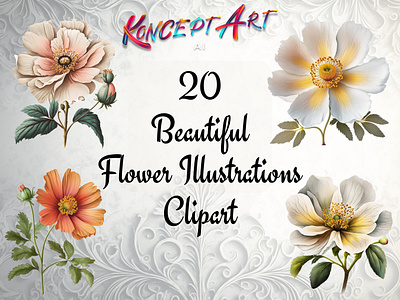 20 Beautiful Flower Illustrations Clipart clipart design floral clipart floral design bundle floral png flower illustration graphic design hand drawn watercolor art illustration spring flowers