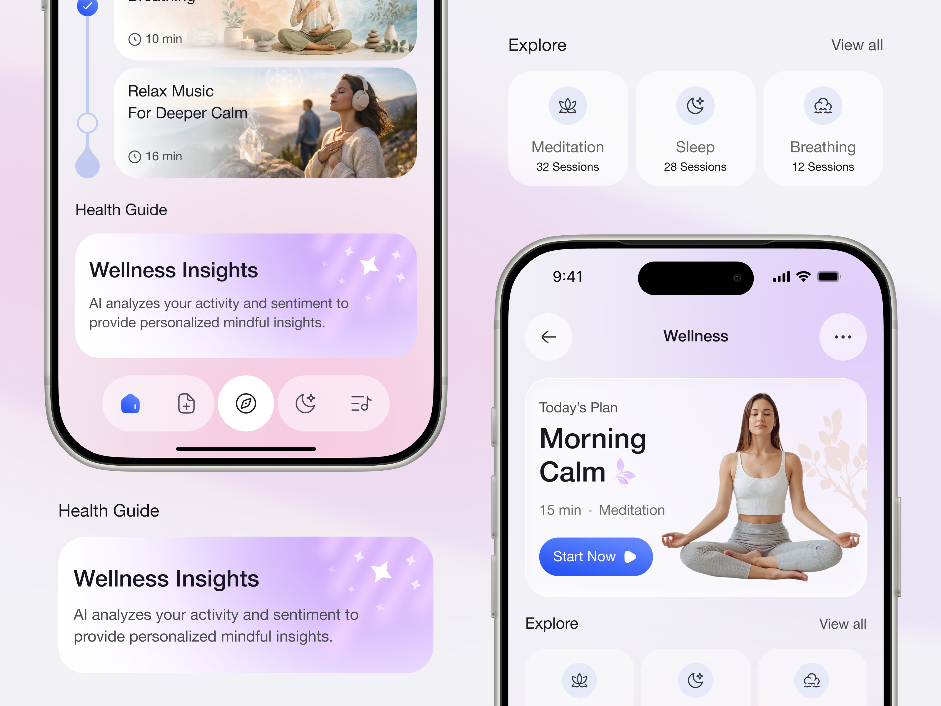 Mindful Health & Meditation App UI ai wellness ui digital health startup health app design healthcare ux healthtech ui ios app ui design meditation app design mental health app mindful living mobile mobile app ux product web wellness app wellness mobile app