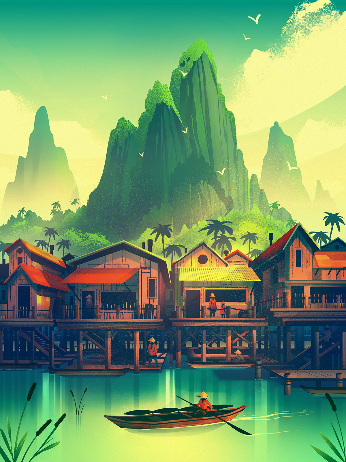 Harbor illustration ocean ocs orlin culture shop outdoors puzzleart retro tropical village vintage