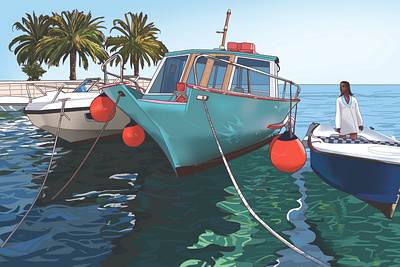 Harbour boats illustration marina water