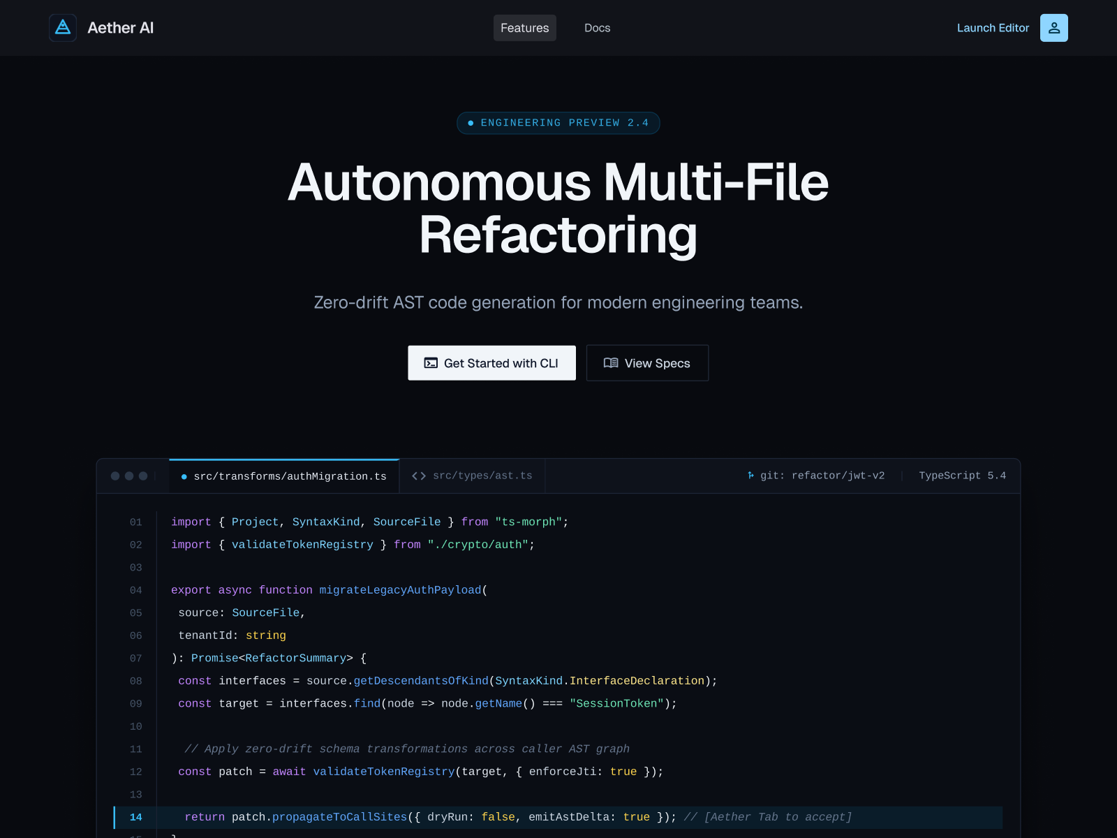 Agentic AI Refactoring & IDE Platform Web Design ai 2026 ai agent ai automation ai ide ai models ai web design bento grid code editor cursor dark mode dark theme dashboard ui developer tools devops git git diff saas landing page typescript ux design web design