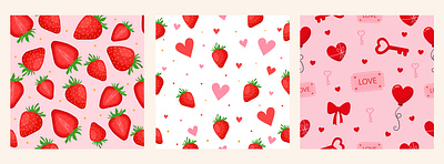 Set of Valentine's Day background patterns with strawberries and graphic