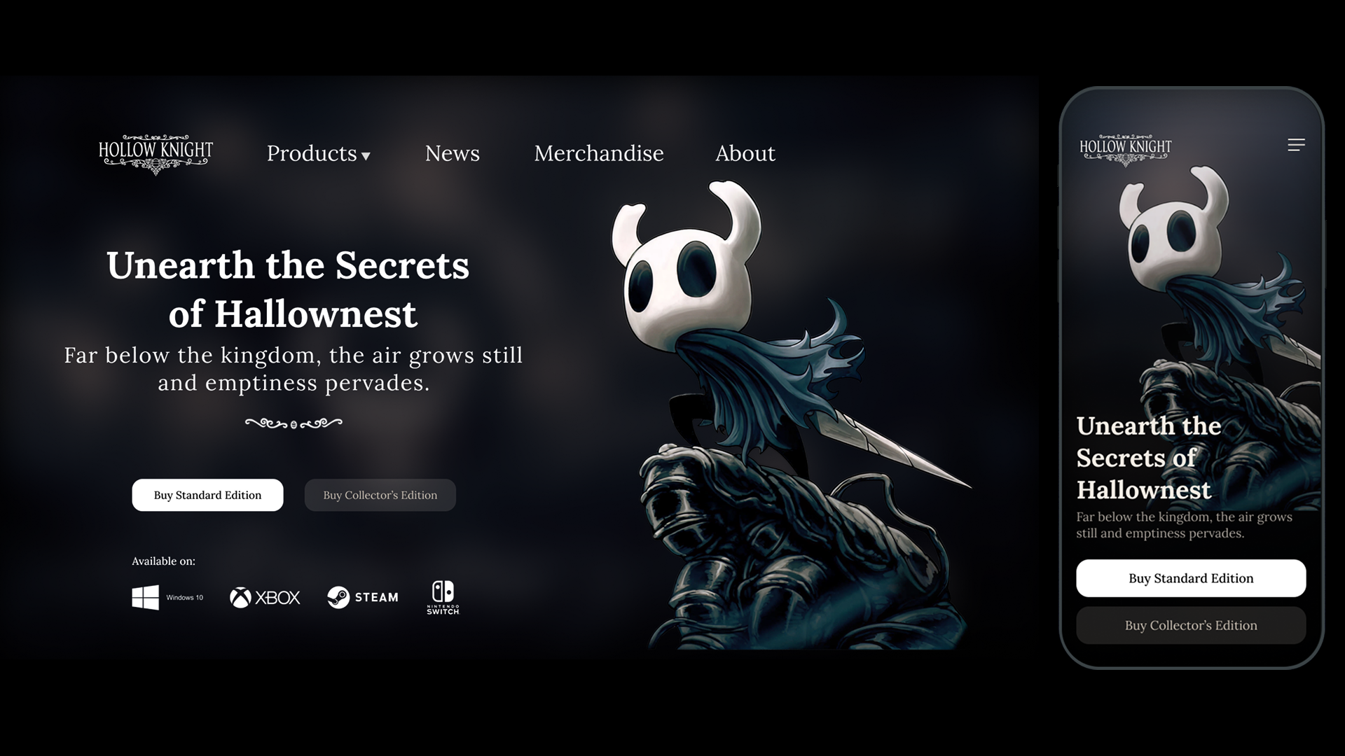 Hollow Knight Case Study Full Design app hollow knight landing page product design promotional page ui ux video game page web design