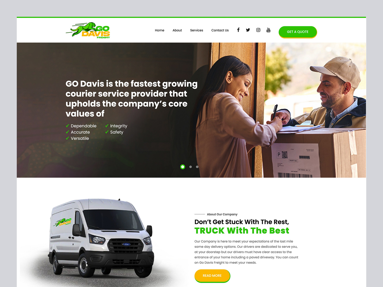 GO Davis Freight - Logistics & Courier Web Design clean layout courier web design delivery website desktop ui fleet management ui freight website design green accent ui landing page design logistics web design modern typography product design responsive web design shipping website transportation ui ui design ui ux design ux design visual identity web design inspiration web layout