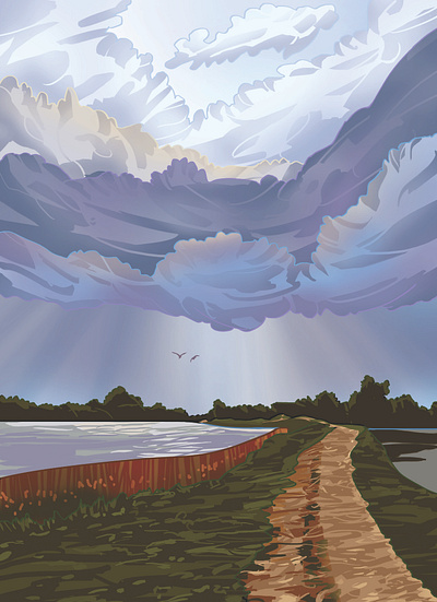 Lake hill clouds illustration nature water