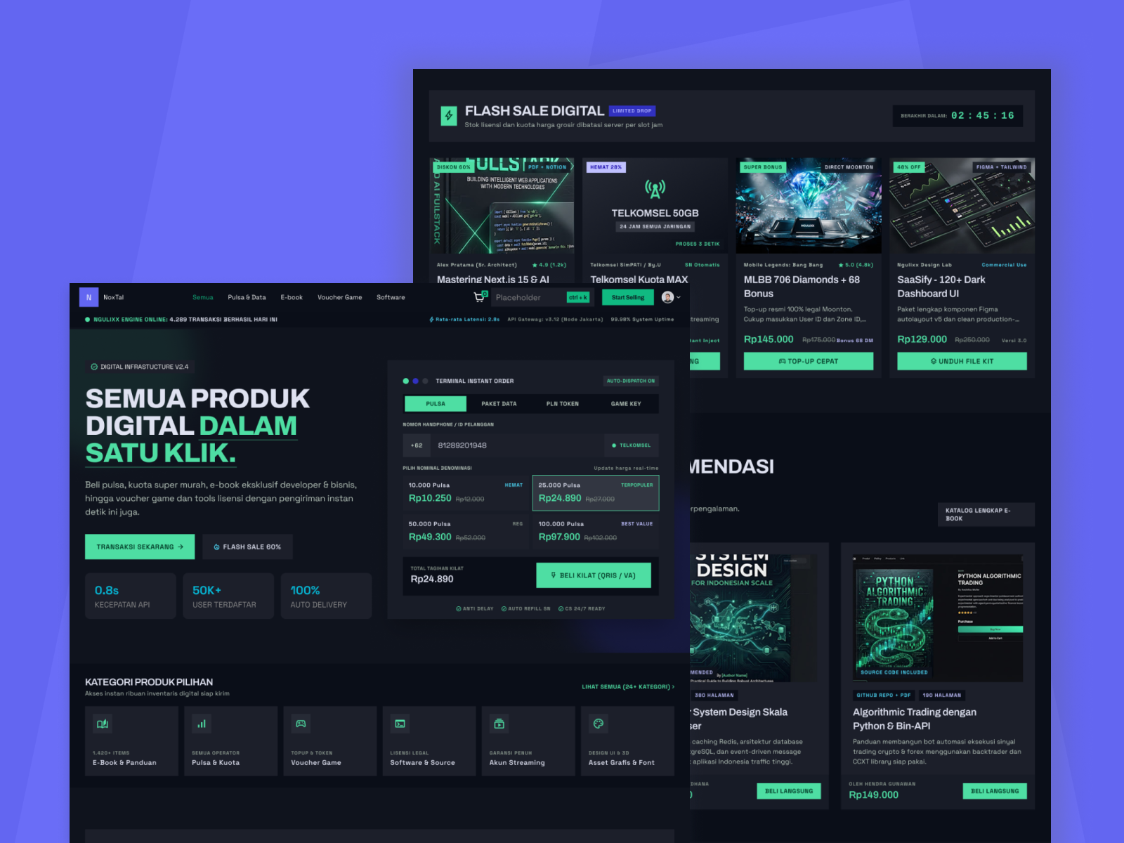 E-Commerce PPOB Website | NoxTal dark mode digital product e commerce landing page modern neon app ppob typhography ui ui ux ux voucher game web design website website design