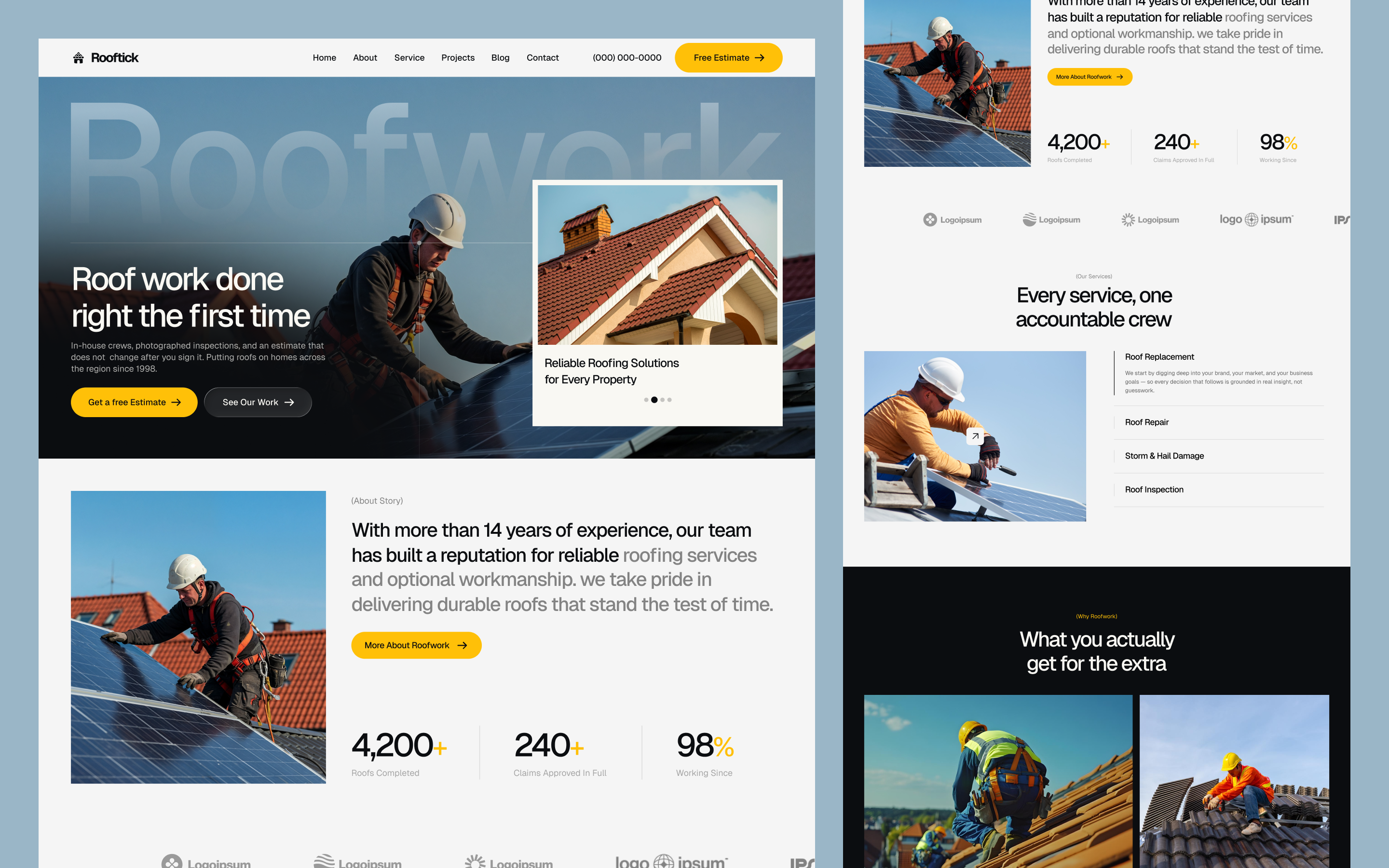 Roofing Company Website Design — Home Service Landing Page UI/UX animation architecturedesign branding buildingdesign constructioncompany constructiondesign exteriordesign homeconstruction homeimprovement interiordesign landingpagedesign propertydesign realestate residentialdesign roofing ui uidesign uiuxdesign uxdesign websitedesign