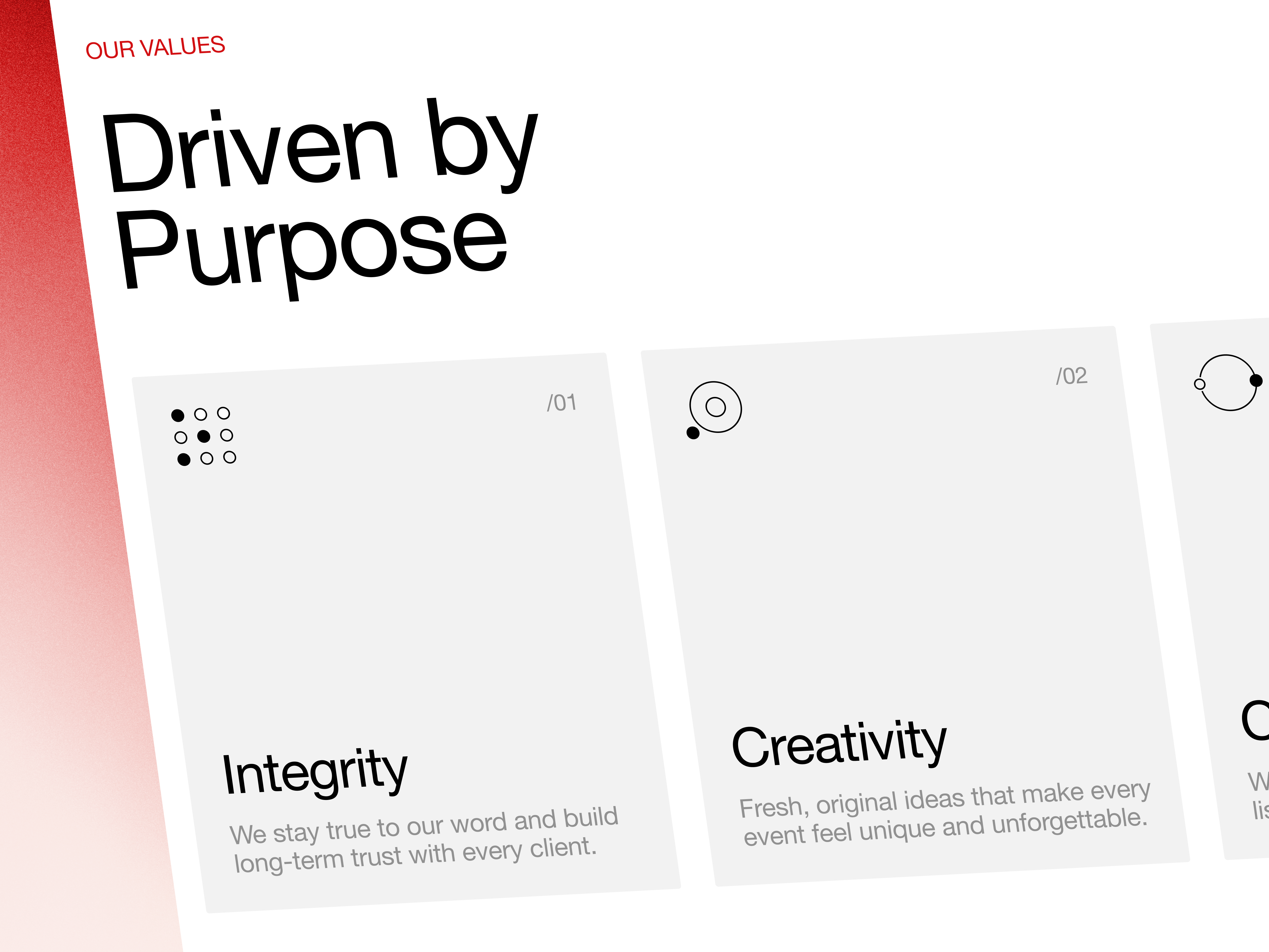 Redbow website page design - Our Story card ui design desktop website design development event agency figma gradient image landing page logo responsive typography ui ui design uiux ux webflow website website design website development