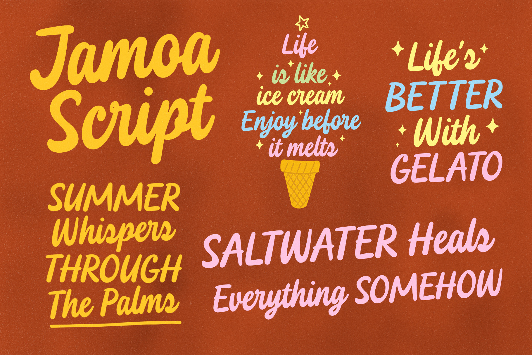 Jamoa Script – Playful Groovy Script bold boldhandwritten bouncy brandingfont displayscript funky funscript groovyscript handwrittenfont headlinefont joyfulscript logofont packagingfont playfulscript posterfont quirkyscript quotesfont retroscript summerscript