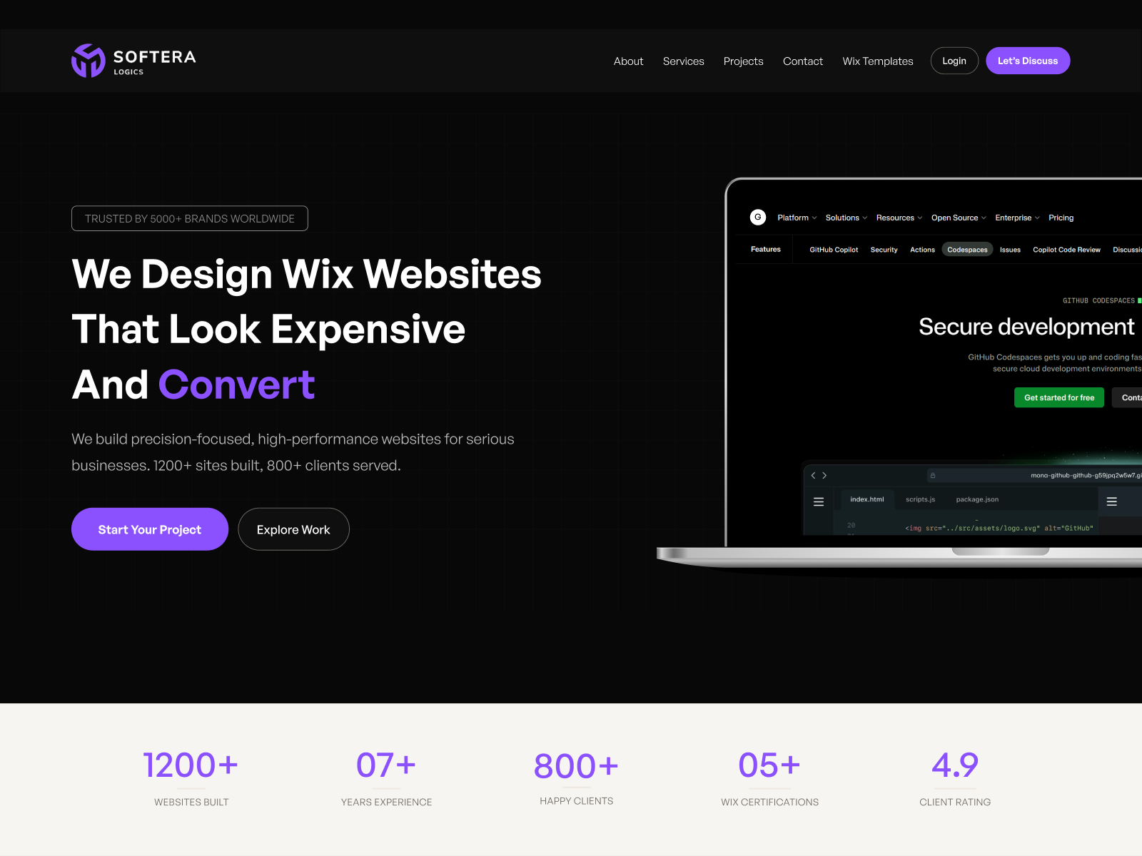 Wix Agency Website | Full Landing Page UI Design agency landing page agency portfolio agency website conversion landing page dark hero ui digital agency website figma web design full page design landing page design modern web design portfolio website pricing ui purple ui design saas landing page testimonial ui ui ux design web agency design web design web ui design wix website design