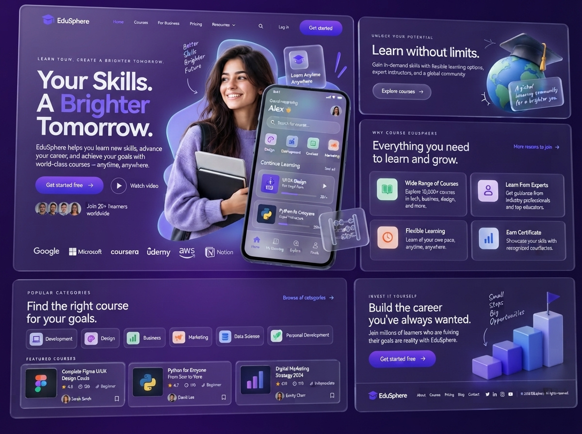EduSphere — Online Education & E-Learning Website Landing Page course website edtech edtech design edtech ui education education design education ui education ux education website elearning elearning platform elearning ui elearning website online education online learning ui design ux design web design