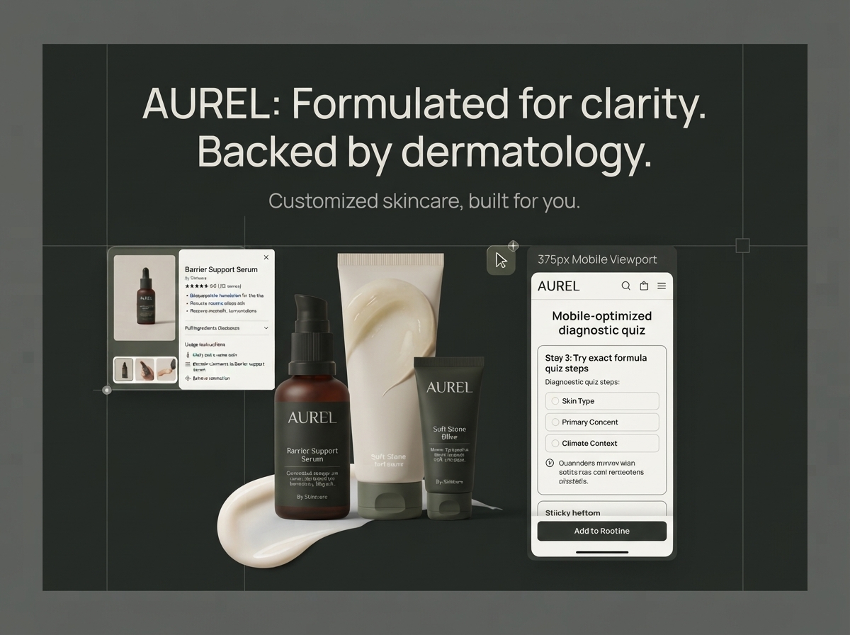 AUREL — Biocompatible Skincare E-Commerce Platform beauty website dark charcoal design system e commerce ui e commerce web design figma design interaction design landing page design luxury skincare luxury web design minimal ui product detail page responsive layout skin quiz skincare website ui kit ui ux design visual identity warm ivory web design