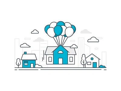 Mr. Cooper Illustration | Balloon House digital illustration homes house iconography icons illustration minimal monoline mortgage mr cooper neighborhood real estate scene