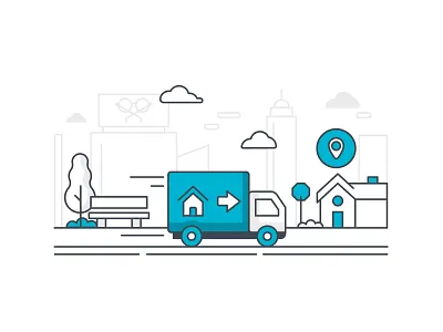 Mr. Cooper Illustration | Right Move digital illustration home houses icon iconography icons illustration minimal monoline mortgage moving moving truck mr cooper real estate scene