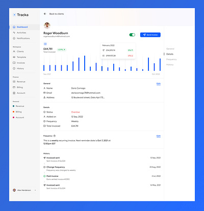 Tracka - Single Client app client dashboard design finance invoice invoicing menu profile ui