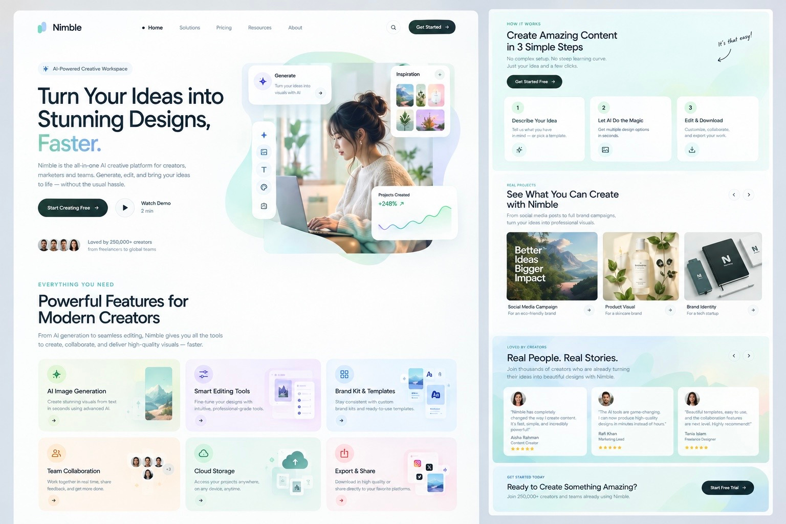 Nimble — AI Creative Workspace ai design ai product creative workspace dashboard design design system digital product dribbble figma interaction design interface design landing page minimal design modern ui product design saas ui design user journey ux design visual design web design