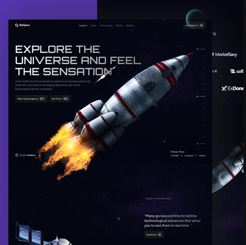 Slabspace - Space Travel Landing Page 3d animation app branding dashboard design graphic design illustration logo motion graphics typography ui uidesigner uiux uiuxdesign ux vector website website design