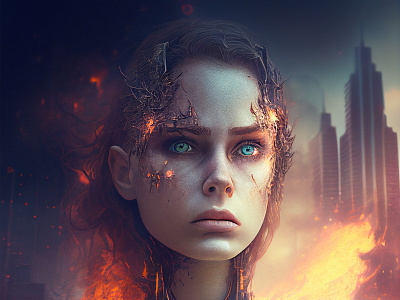 Fires of the Future ai ai art ai artist android artwork burning city dax moreno destruction dystopian female future machine lament robot surrealism technology