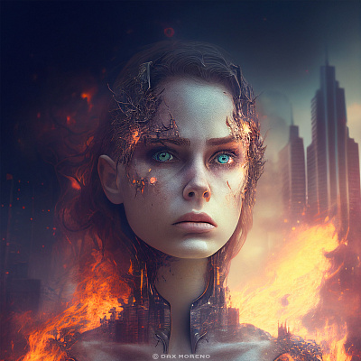 Fires of the Future ai ai art ai artist android artwork burning city dax moreno destruction dystopian female future machine lament robot surrealism technology