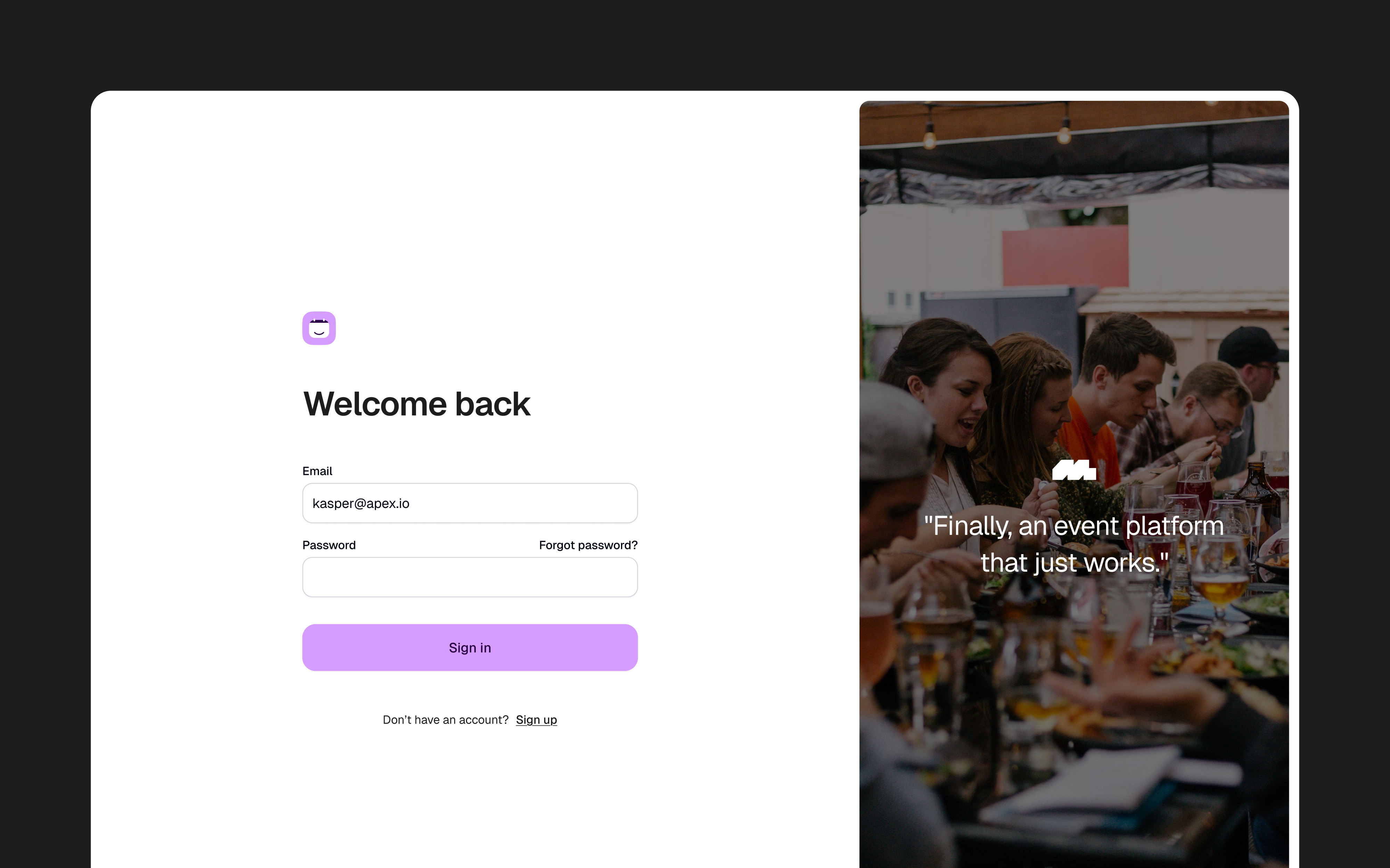 Sign In - Event Platform authentication branding button create account cta event figma input log in platform product design quote screen sign in sign up social proof testimonial ui ux welcome back
