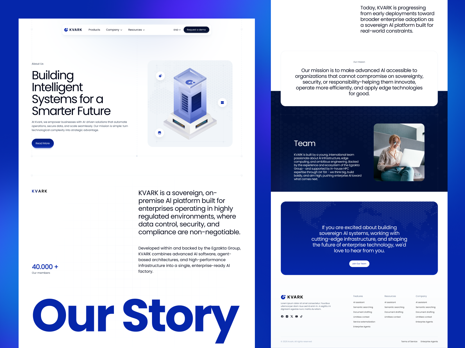 Kvark.ai — About Us 10am space about us page ai design ai ux bold typography cta design dark light contrast enterprise software design isometric illustration landing page design product design sovereign ai platform team section design user interface web design web ui website website footer design