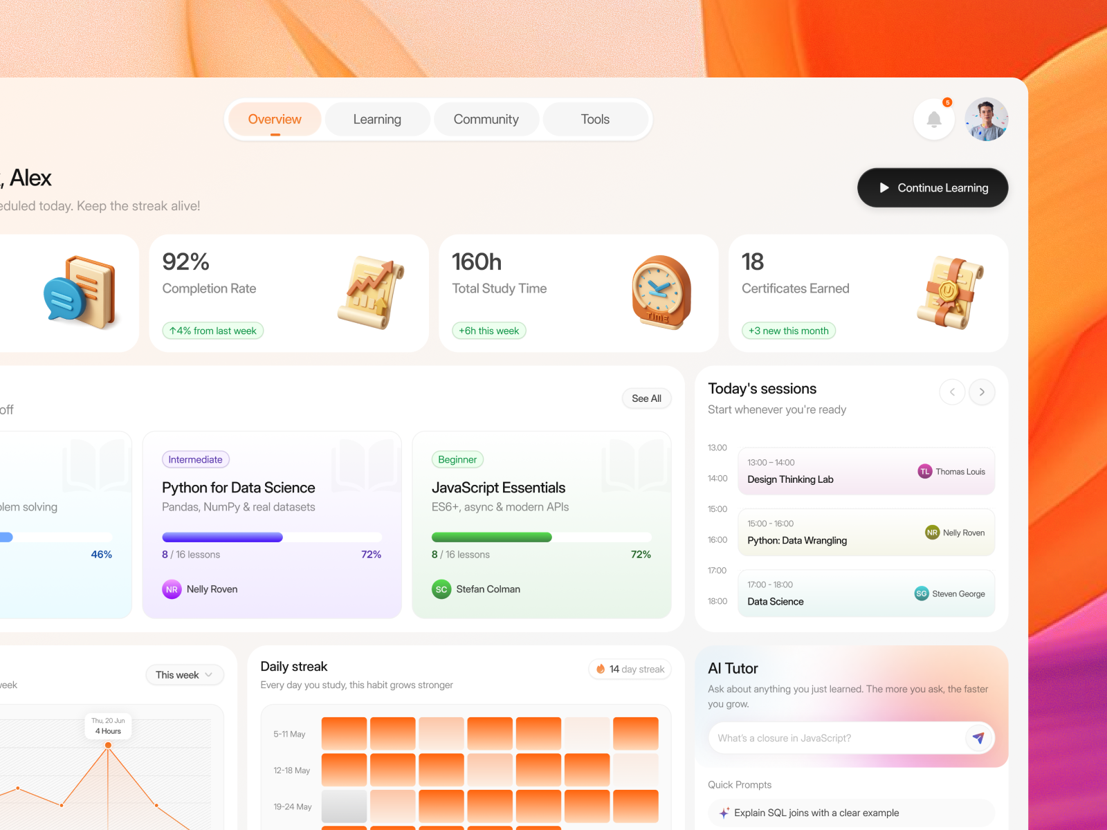 Learning Platform Web App 10am space 3d icon illustration ai chatbot ui ai design ai ux analytics dashboard course card design dashboard design data visualization edtech design online learning platform product design progress tracking session scheduling streak tracking user interface web app design web ui