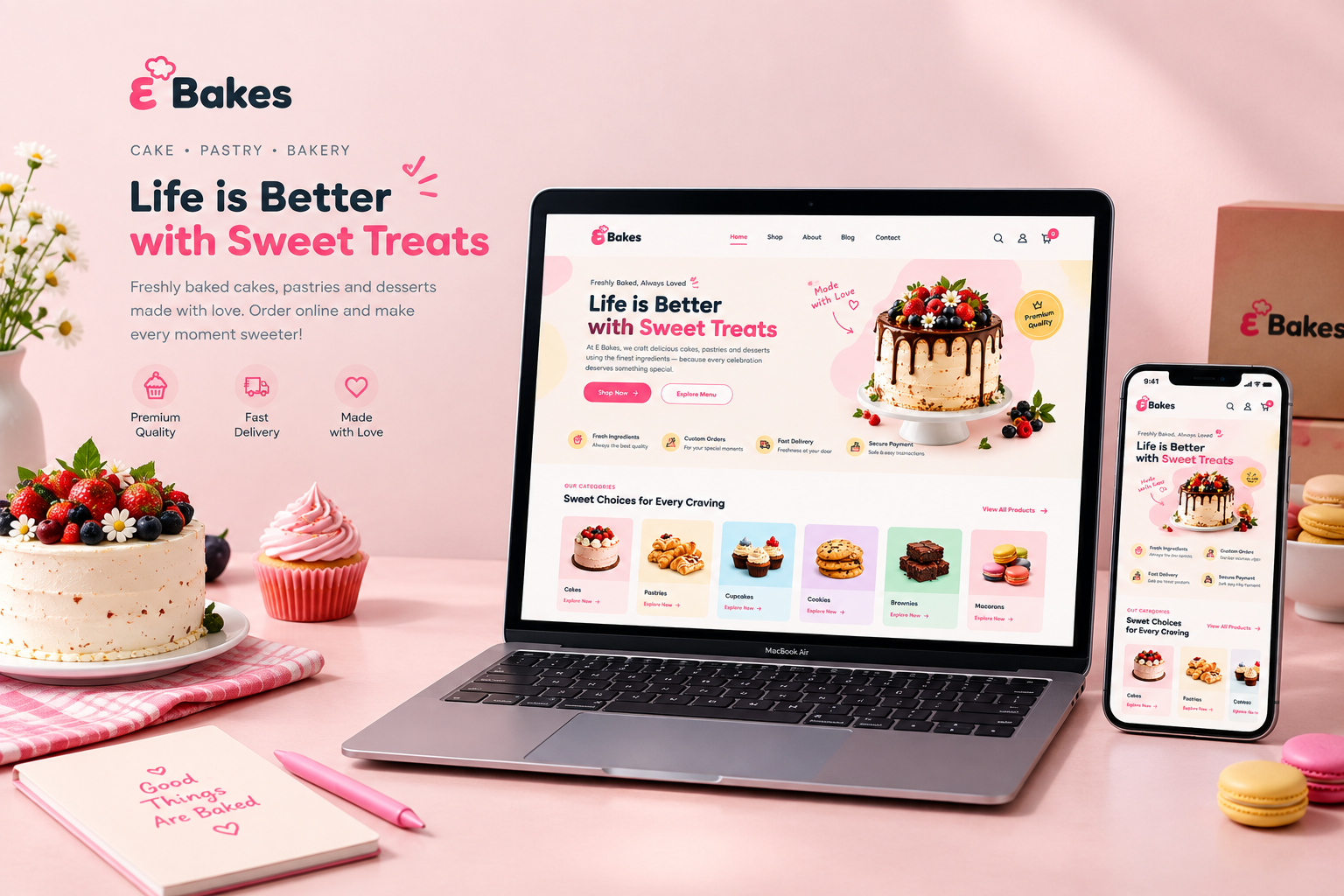E Bakes — Colorful Bakery & Cake Shop Website bakerywebsite cakeshop colorfului dribbble ecommerce figma foodui foodwebsite landingpage minimalui modernui pasteldesign productdesign responsivedesign uidesign uiux uxdesign visualdesign webdesign webui
