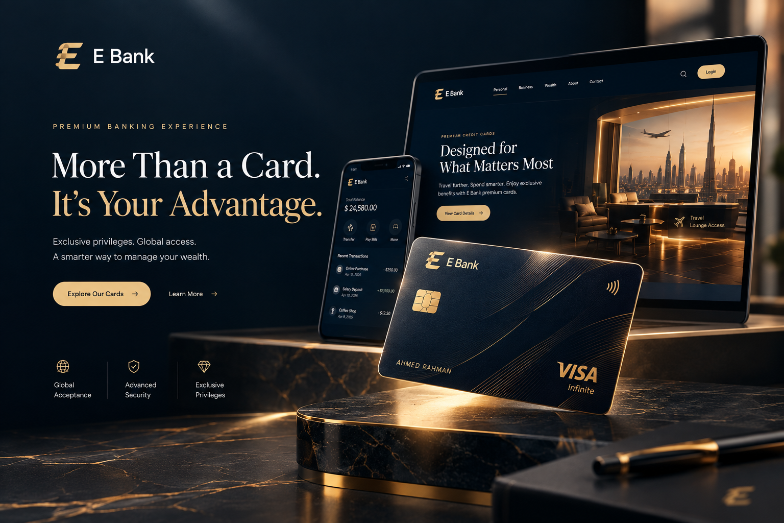 E Bank — Premium Credit Card & Luxury Banking Experience bankingui bankingwebsite creditcard darktheme darkui dribbble figma financialdesign fintech fintechdesign landingpage luxuryui minimalui premiumdesign productdesign uidesign uiux uxdesign webdesign webui