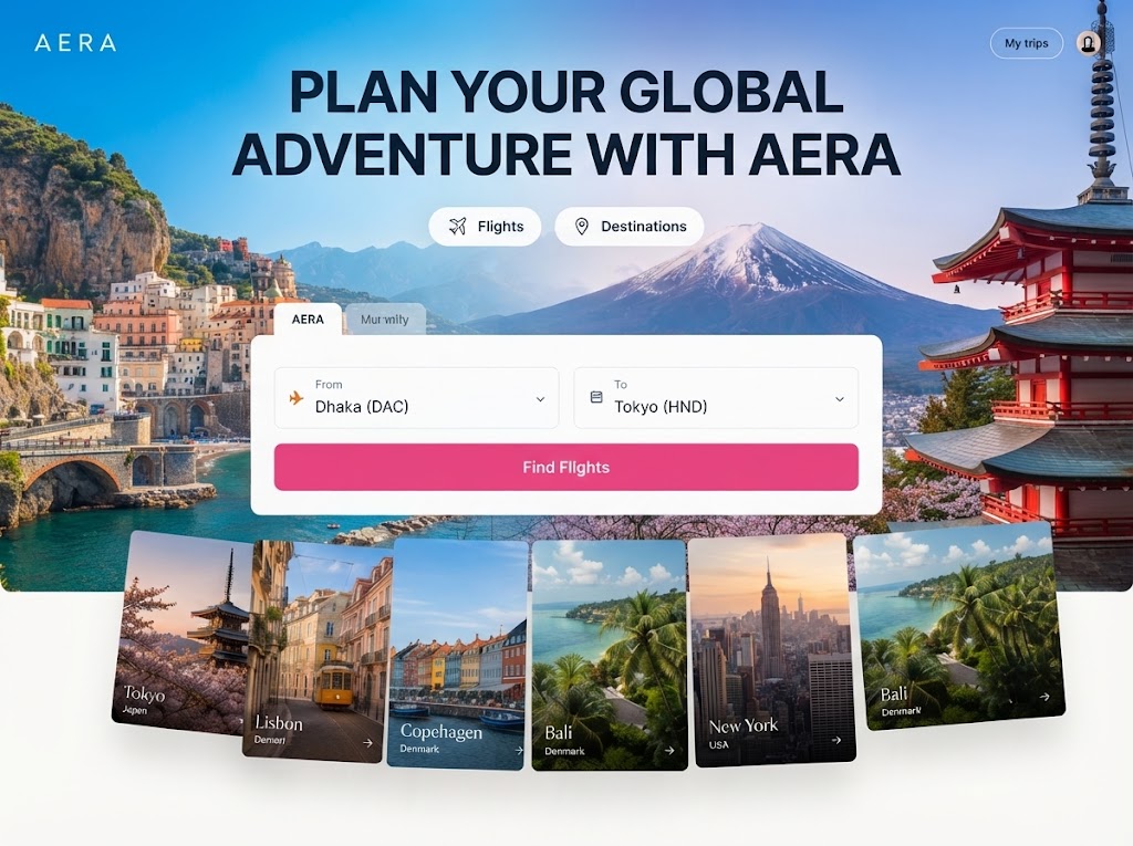 AERA — Travel Landing Page & Booking UX aviationui bookingplatform dribbble figmadesign flightbooking flightsearch landingpage modernui premiumui productdesign travelapp traveltech traveltechnology travelui travelwebsite uidesign uiuxdesign uxdesign webapp webdesign