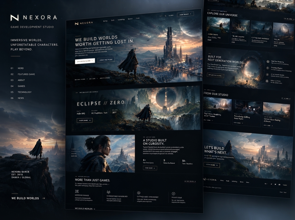 NEXORA Games — AAA Game Studio Website aaa games cinematic design creative direction dark ui digital experience dribbble figma game design game development game studio game website gaming immersive design landing page typography ui design ux design visual design web design website design