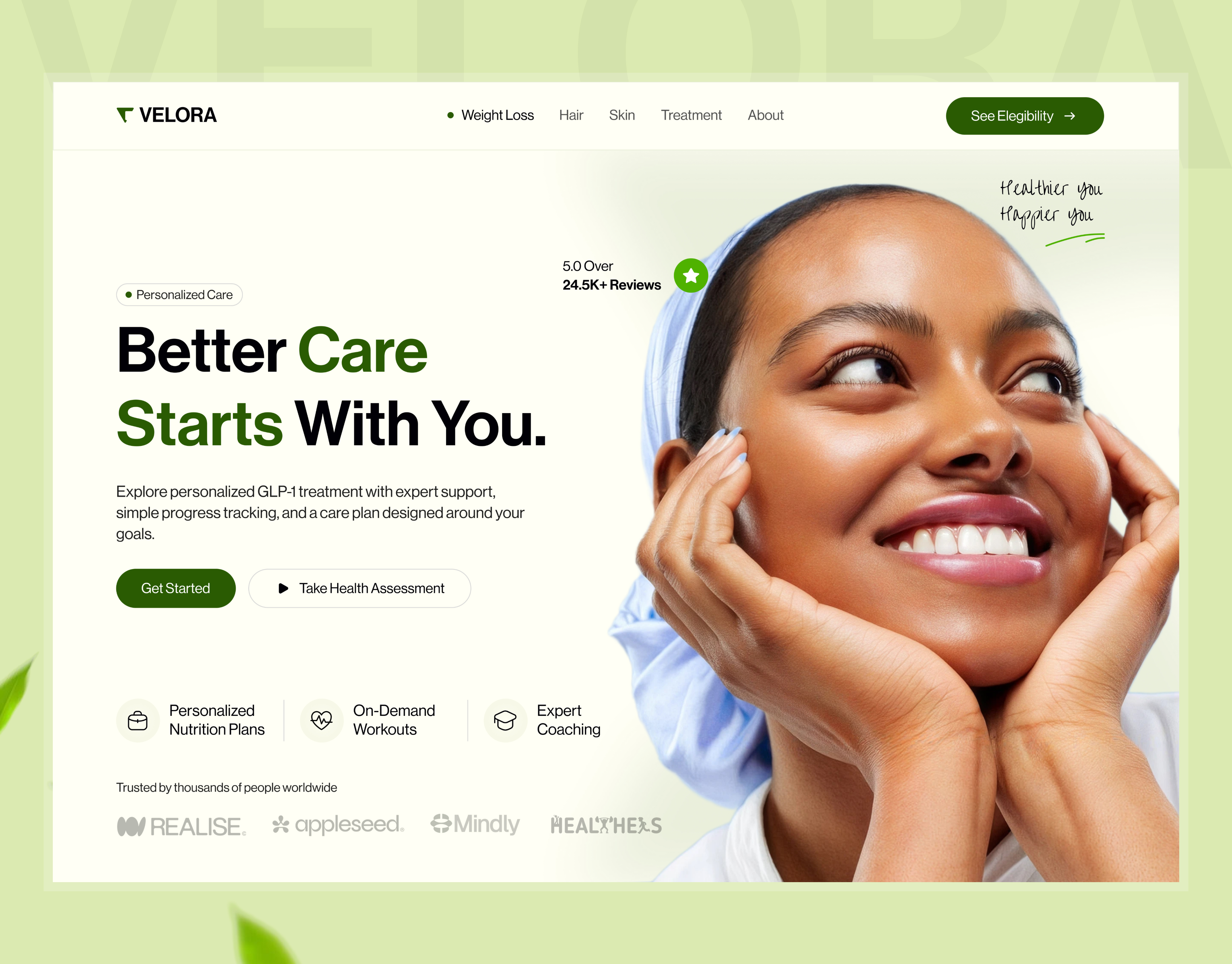 Velora Personalized Wellness Experience figma health and wellness healthcare landingpage skin ui uiux user experence website design webui