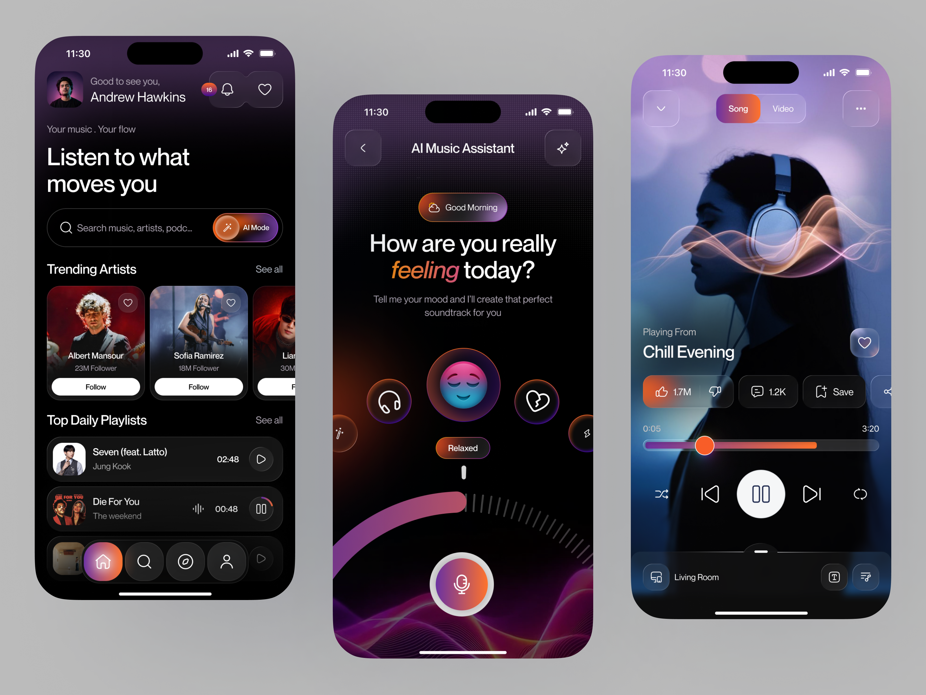 AI Music Assistant App UI – Personalized Mood-Based Music Player ai ai app design ai music app ai music assistant app app redesign design ios mobile app ui mood based music music music app design music discovery music player ui music streaming personalized music player voice web
