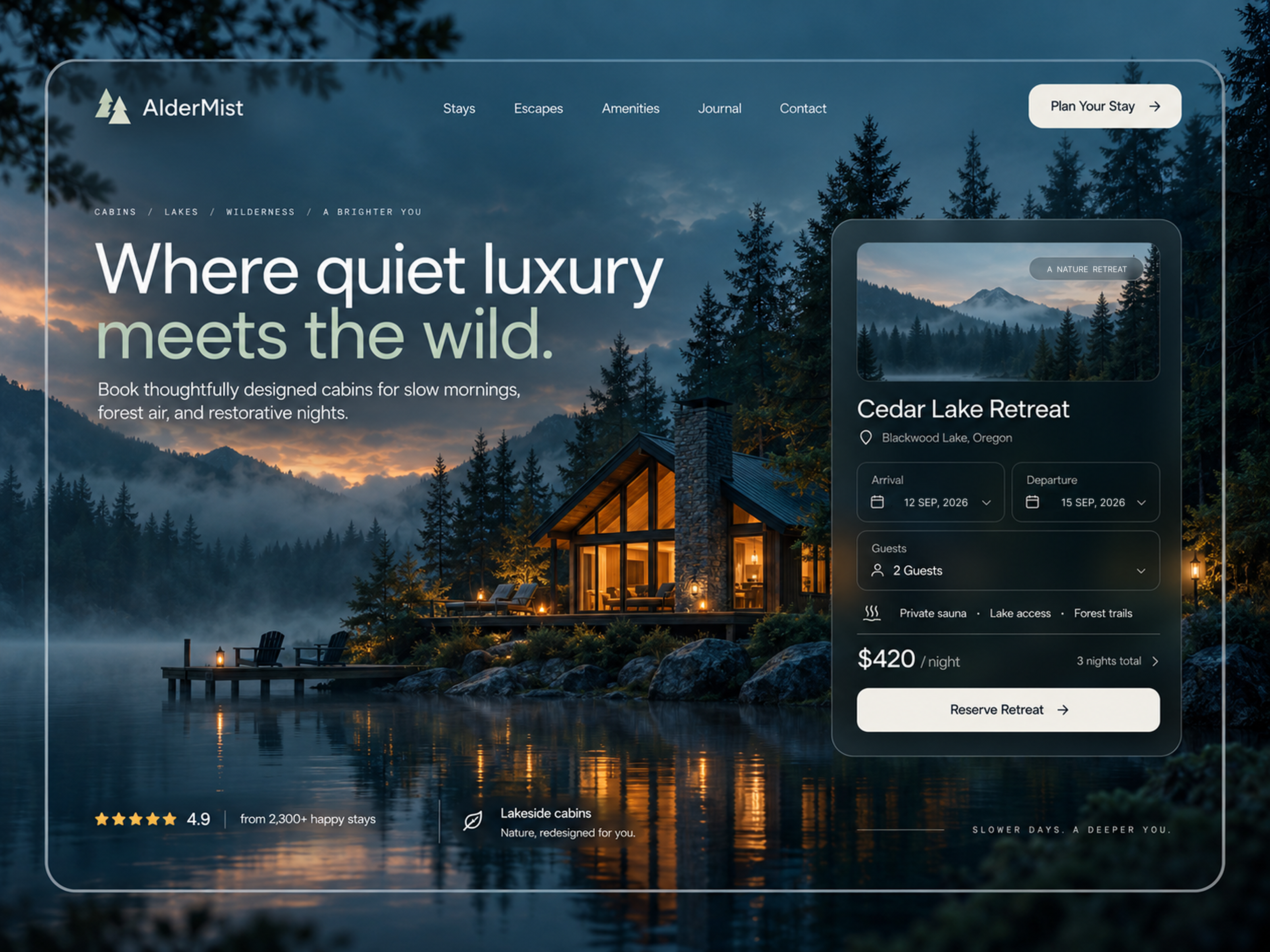 Luxury Cabin Booking Website Design accommodation booking booking website cabin booking hospitality website hotel website design landing page landing page design luxury cabins nature retreat product design travel booking ui ui design ux design vacation rental web design website design
