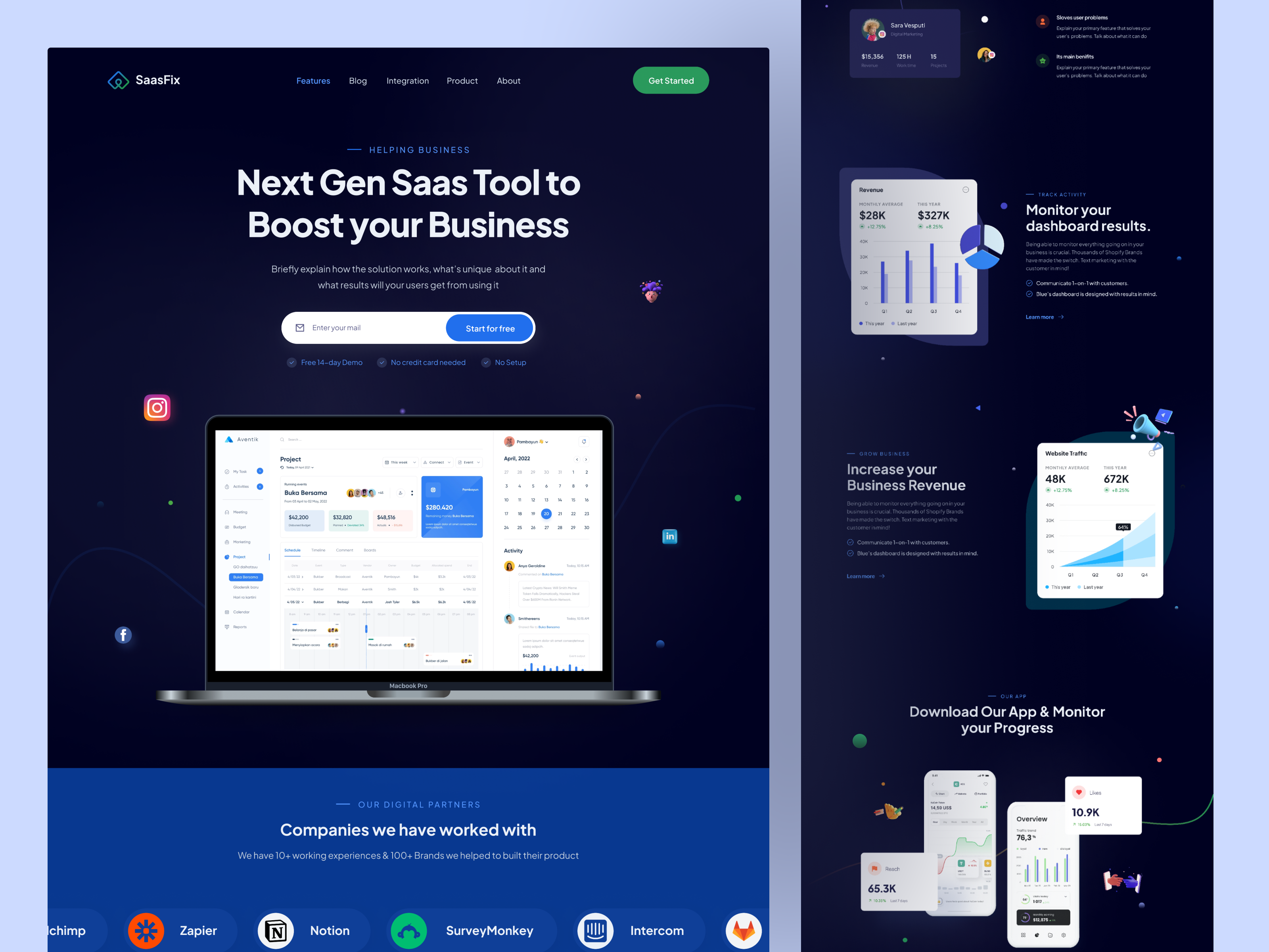SaasFix Saas Product Agency Landing Page Design agency analytics business company creativedesign darkmode dashboard data freelanceproject illustration landingpage management nextgeneration productdesign saas softwaredesign team tool uiuxdesigner webdesign