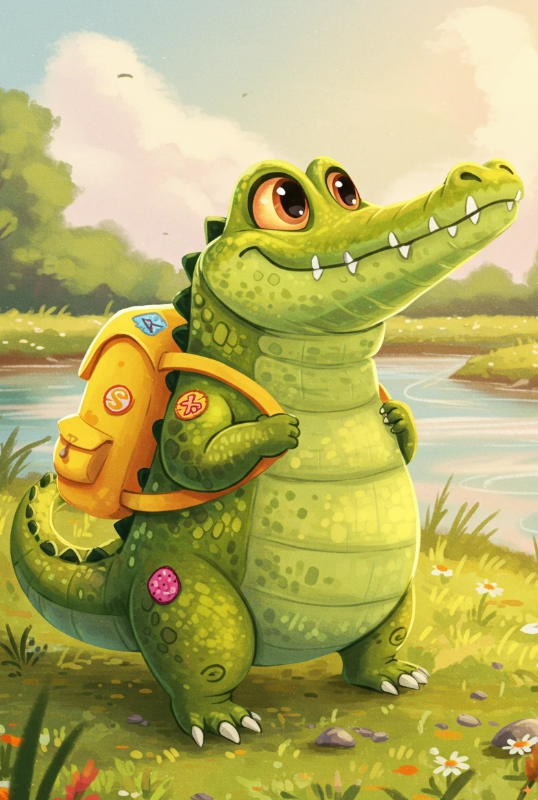 First Day of School! The Little Gator's Big Journey artistic process back to school book illustration character design childrens book illustration childrens book illustrator childrens publishing colorful art cute animal art cute characters digital painting heartwarming storytelling kidlitart little alligator narrative illustration portfolio piece school backpack storybook art sunny day art whimsical illustration