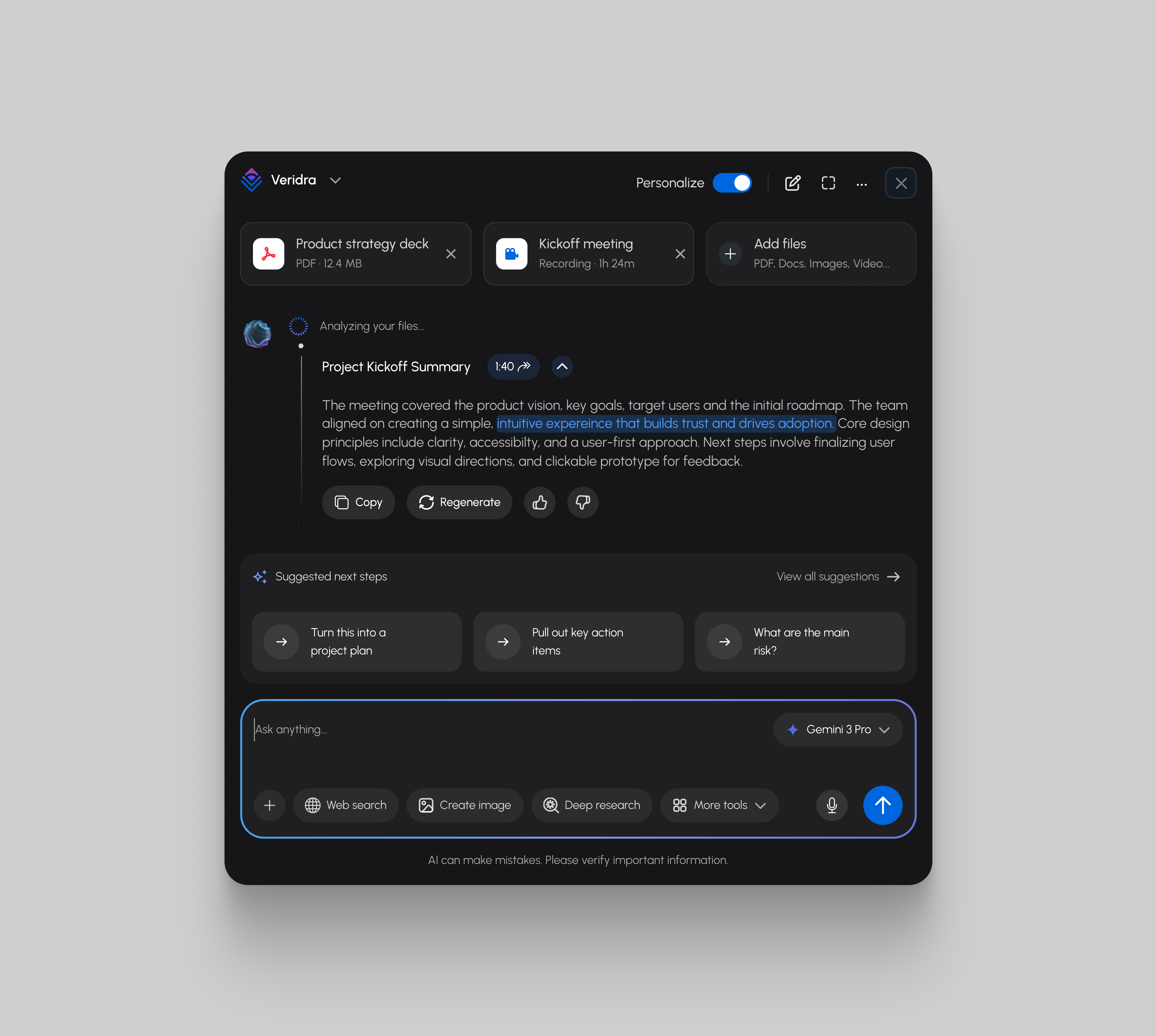 Veridra — Designing trust into AI-generated summaries ai assistant ai product design ai tools ai ux app design b2b saas chatbot ui dark mode ui dashboard design desktop app llm interface mobile ui product design productivity app saas app saas ux ui design ui ux design ux case study workspace design