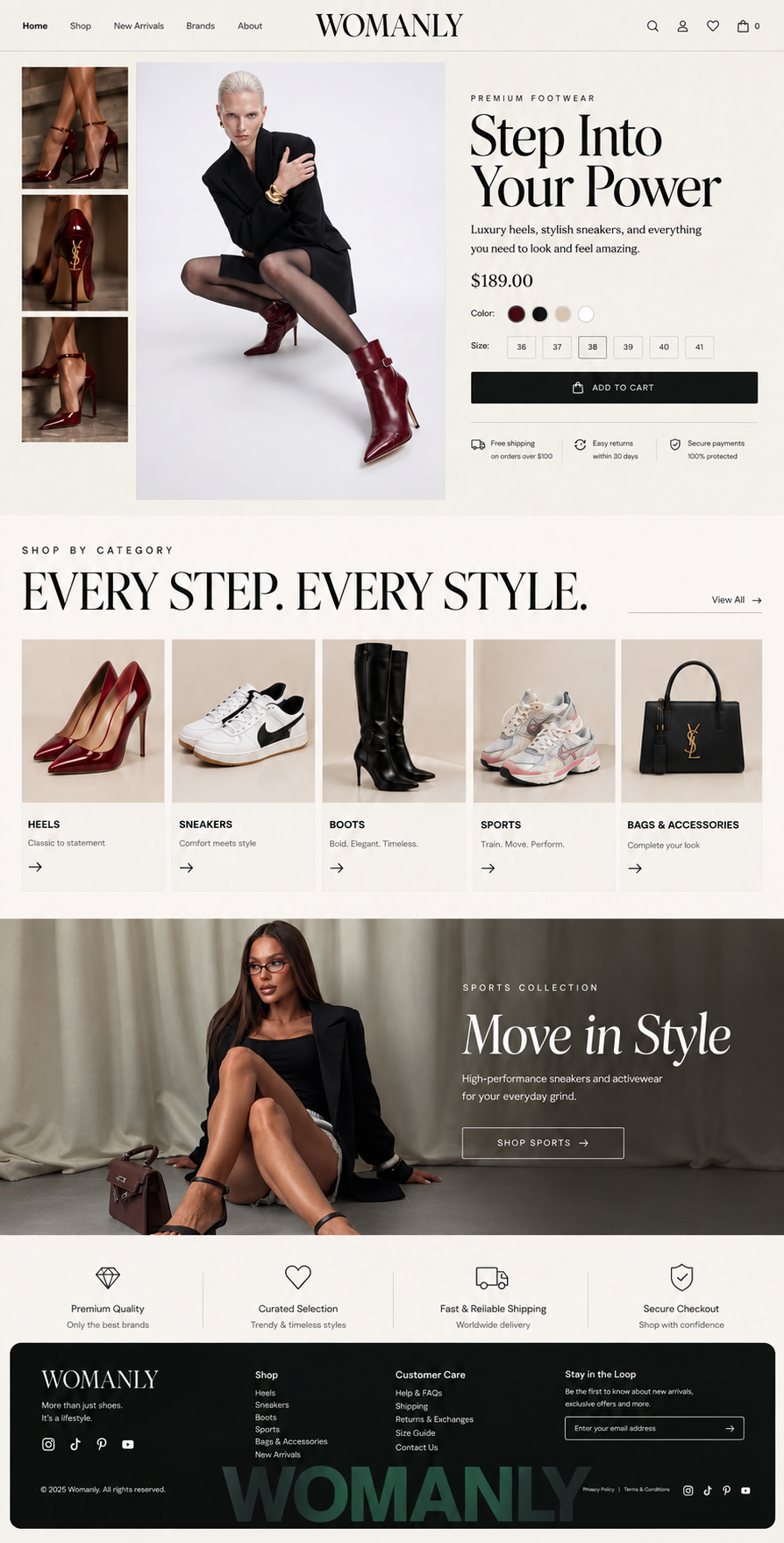 WOMANLY — Every Step. Every Style. art direction creative direction ecommerce website editorial design fashion branding fashion e commerce fashion e commerce design footwear website jeremybaraka luxury branding luxury fashion product design typography ui design ux design visual identity web design website design womens fashion womens shoes