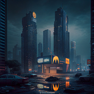 Dystopian Drive-Thru ai ai art ai artist artificial intelligence consumerism dark art dax moreno dystopian fast food chain future futuristic neon night