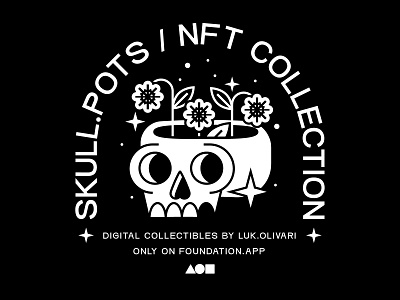Skull.Pots 💀 badge badge design blockchain branding dark design flower icon identity illustration logo minimal nft pot psychedelic skull trippy typography vector