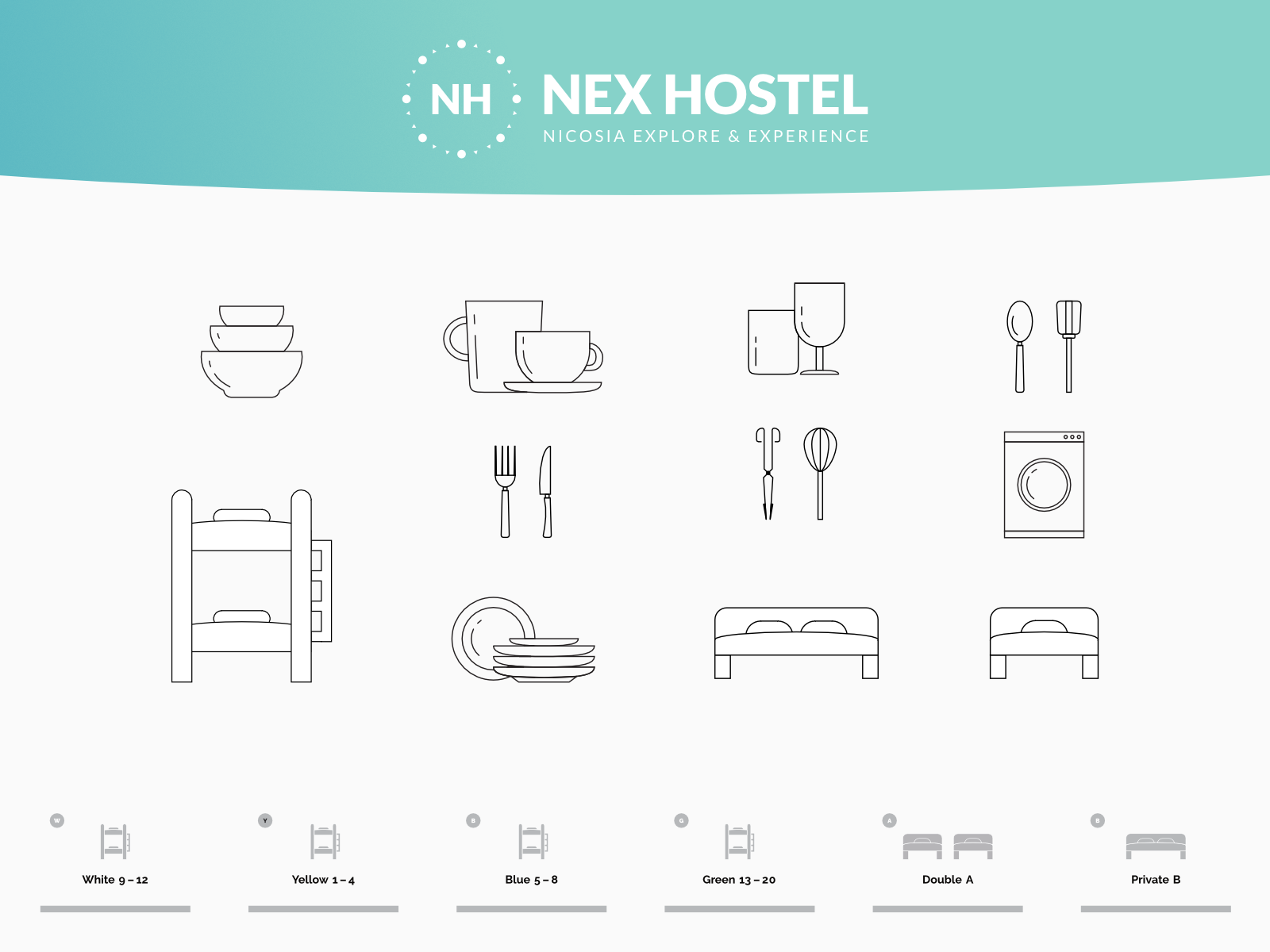 NEX Hostel · Environmental Graphic Design brand design brand identity branding corporate design corporate identity flyer graphic design icon iconography illustration information logo logo design micro brand print signage styleguide typography vector vector art