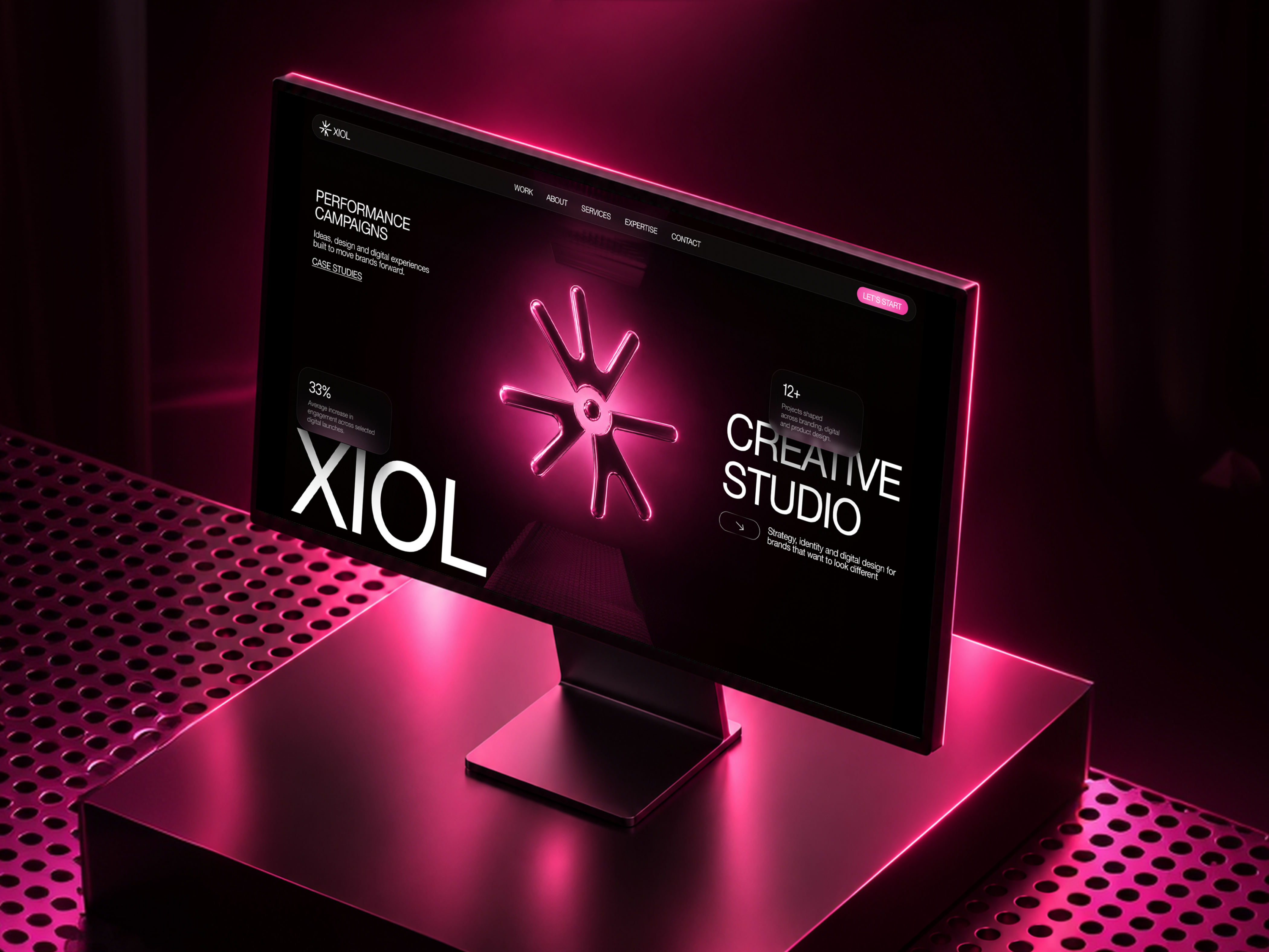 XIOL — Creative Studio Landing Page 3d design agency website art direction branding campaigns creative agency creative studio dark ui digital agency digital experience editorial design landing page neon design performance marketing portfolio website typography ui design ux design visual identity web design