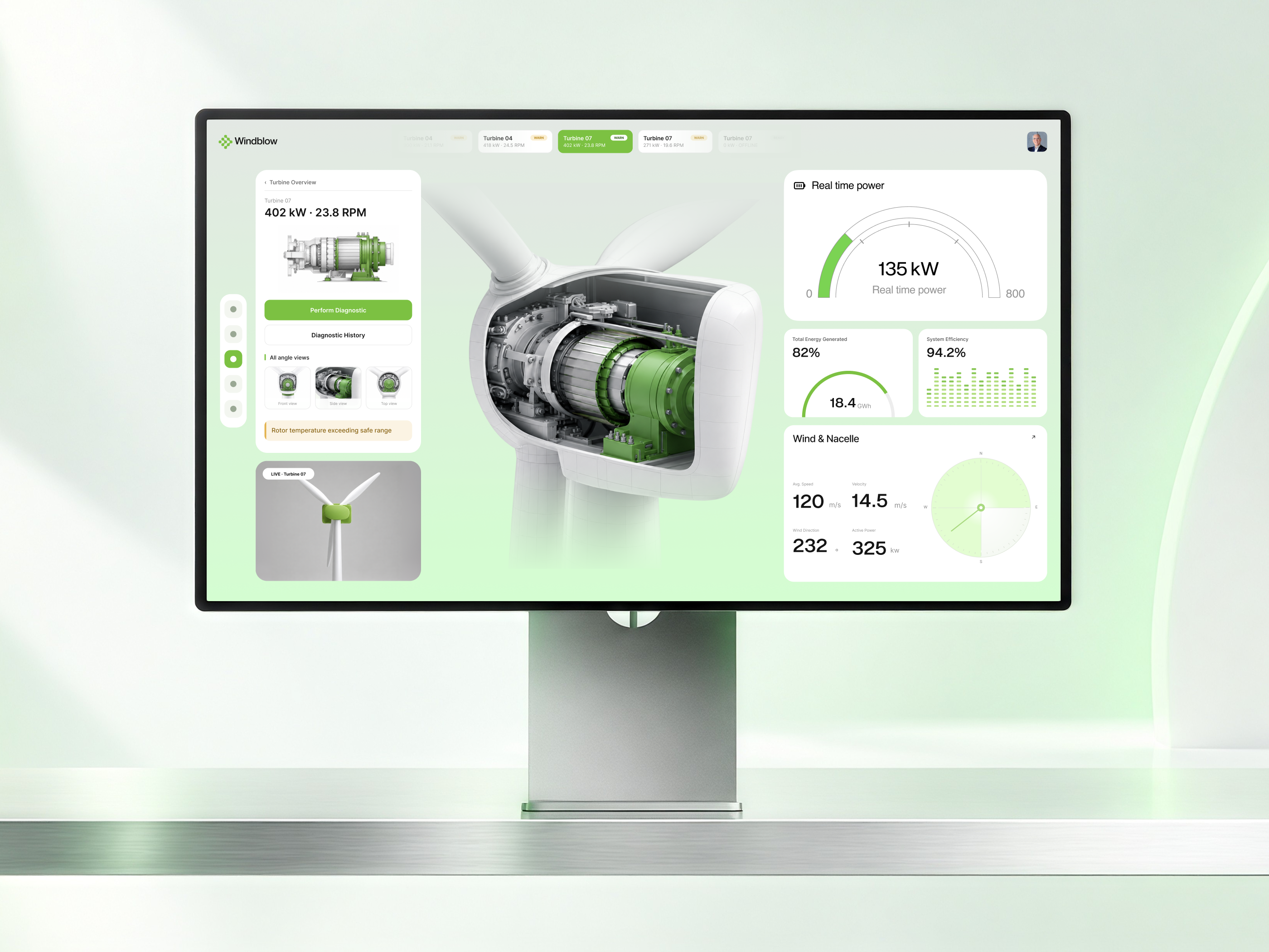 Wind Turbine Monitoring Dashboard 3d interface analytics clean energy control panel dashboard ui data visualization diagnostics energy dashboard energy management green energy industrial dashboard monitoring dashboard real time data renewable energy saas dashboard turbine monitoring ui design web app wind energy wind turbine