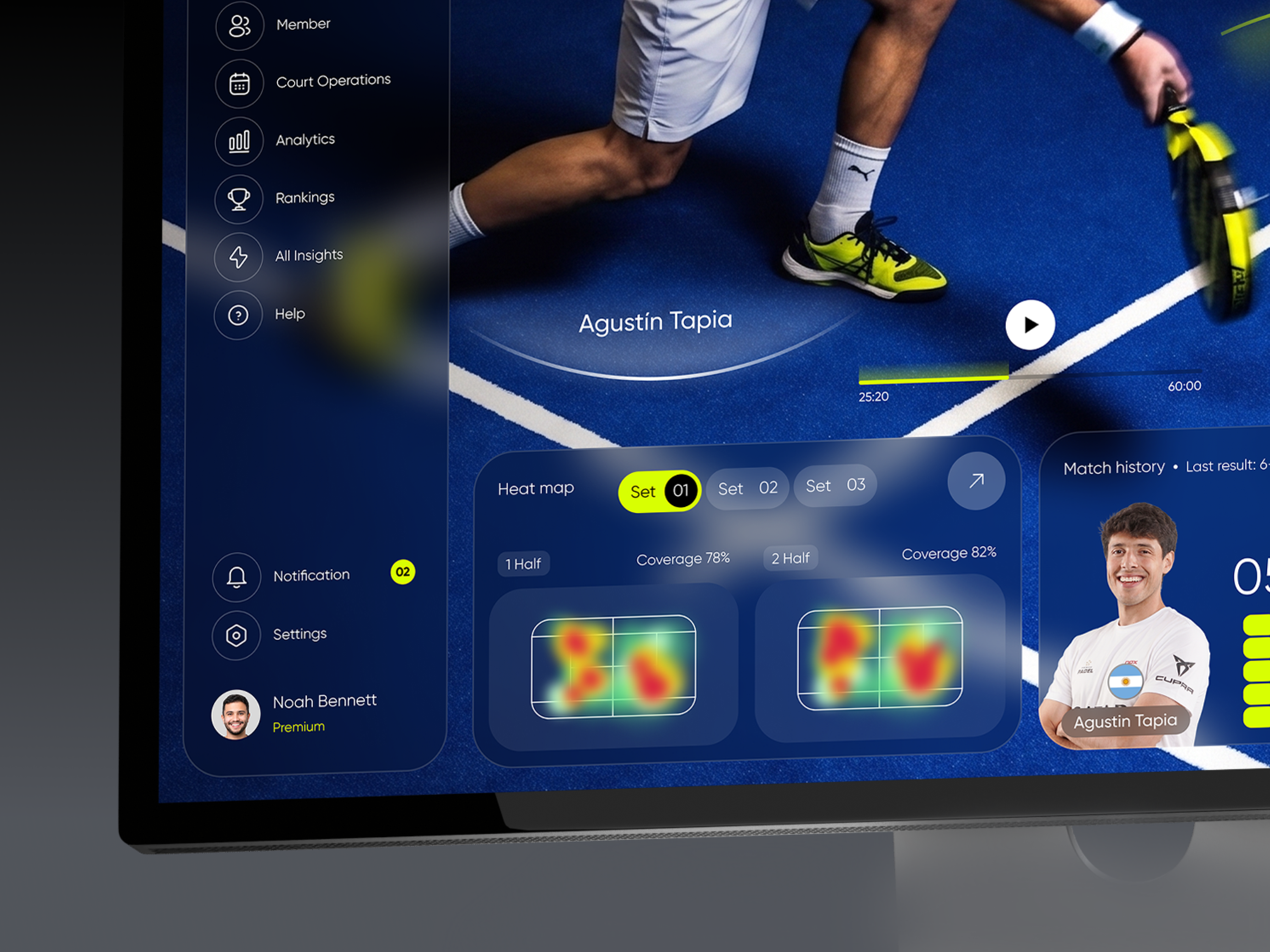 Courtix - Live Padel Analytics with Real-Time Shot Overlays analytics animation athlete concept dark ui dashboard data visualization heatmap live data mobile app motion design padel product design sports app sports tech tennis ui ui design ux ux design