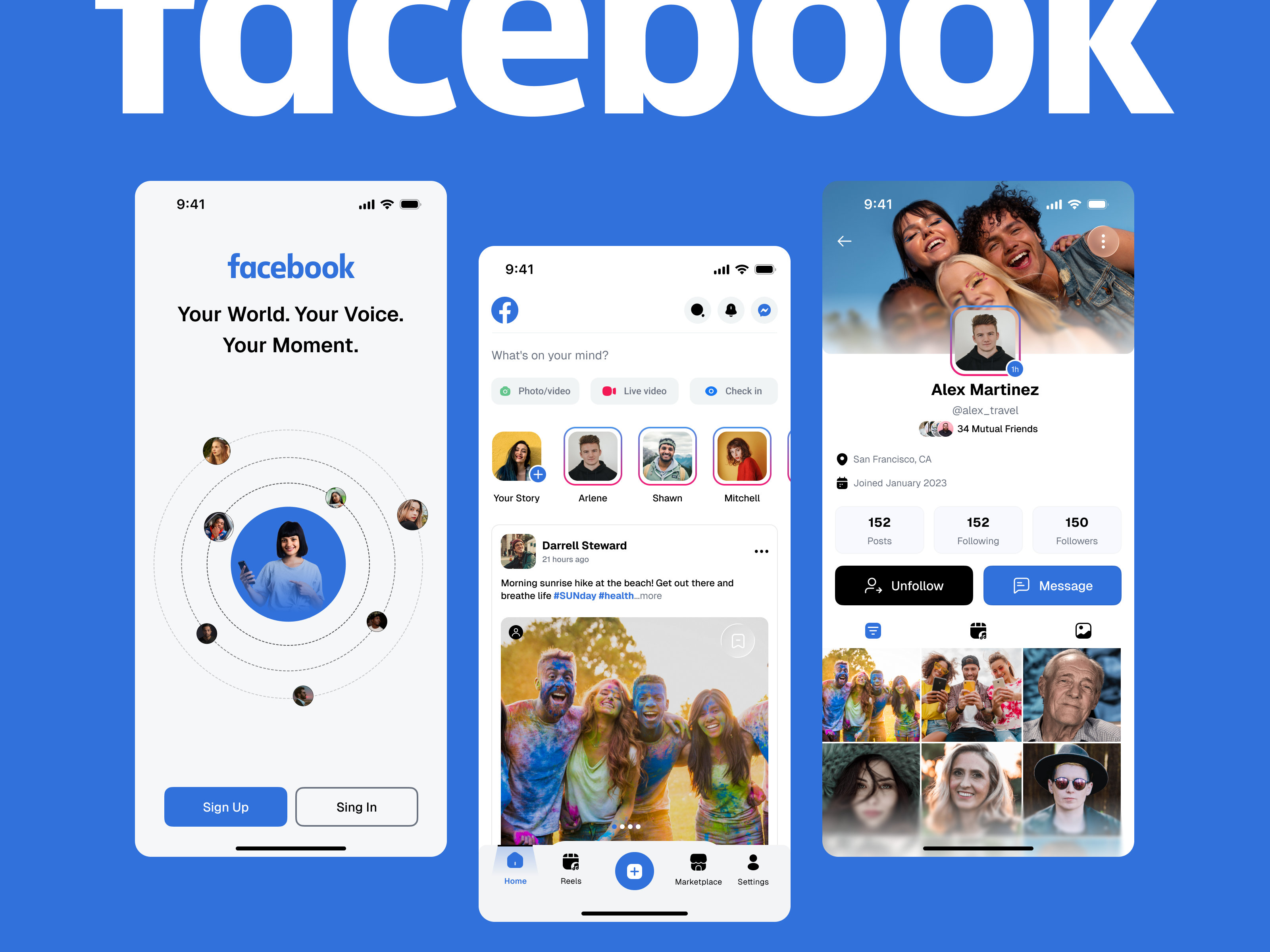 Facebook Mobile App UI/UX Design 2025 21 july adobe illustration adobe photoshop ca san francisco feed figma home page motion graphics or places search posts people profile screen prototype social media app story uiux user experience user interface wireframe