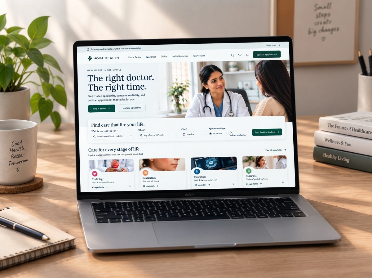Nova Health — Healthcare Website Landing Page clean design clinic website dashboard doctor appointment health tech healthcare healthcare platform landing page medical app mobile responsive modern design patient portal product design saas telehealth uiux user experience user interface web app web design